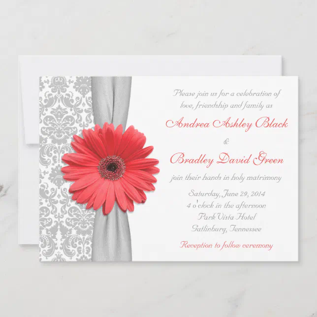 Coral Gerbera Daisy Grey Damask Wedding Invitation | Zazzle