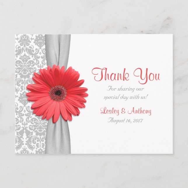 Coral Gerbera Daisy Grey Damask Wedding Thank You Postcard (Front)
