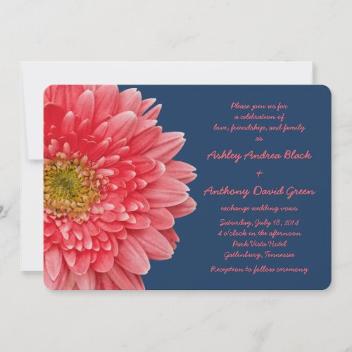 Coral Gerbera Daisy Navy Blue Wedding Invitation