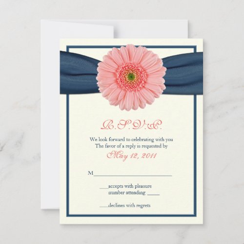 Coral Gerbera Daisy Navy Ribbon Response Card Personalized Announcement