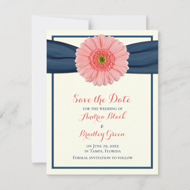 Coral Gerbera Daisy Navy Ribbon Save the Date Card (Front)