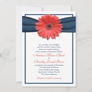 Coral Gerbera Daisy Navy Ribbon Wedding Invitation