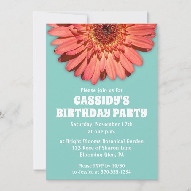 Coral Gerbera Daisy Photo Mint Green Custom Invitation (Front)