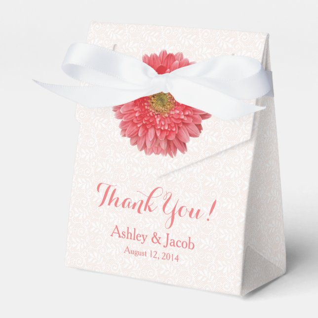 Coral Gerbera Daisy White Lace Wedding Thank You Favor Boxes (Front Side)