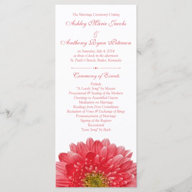 Coral Gerbera Daisy White Wedding Program (Front)