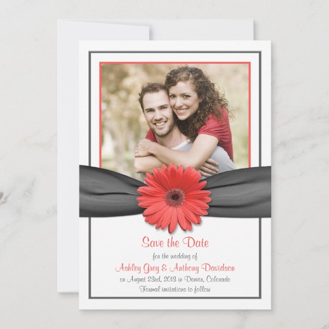 Coral Gerbera Grey Ribbon Wedding Save the Date (Front)