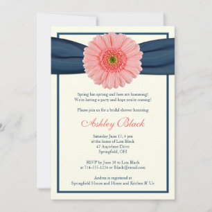 Coral Gerbera Navy Ribbon Bridal Shower Invitation