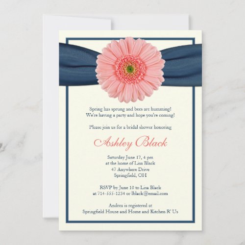 Coral Gerbera Navy Ribbon Bridal Shower Invitation