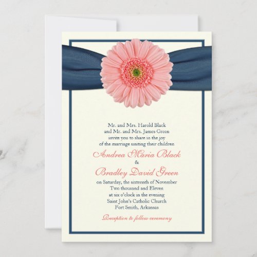 Coral Gerbera Navy Ribbon Wedding Invitation