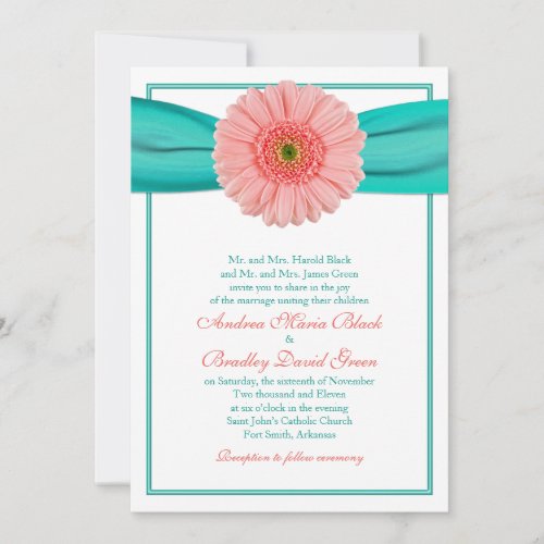 Coral Gerbera Turquoise Ribbon Wedding Invitation