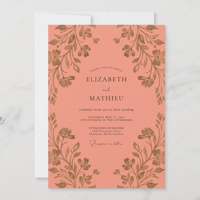 Coral Gilded Leaf Wedding Invitation (Front)