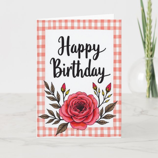 Coral Gingham Birthday Card (Front)