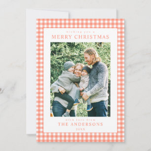 Coral Gingham Christmas Photo Holiday Card