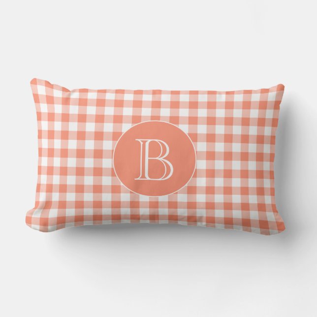 Coral Gingham Pattern Custom Monogram Lumbar Pillow (Front)