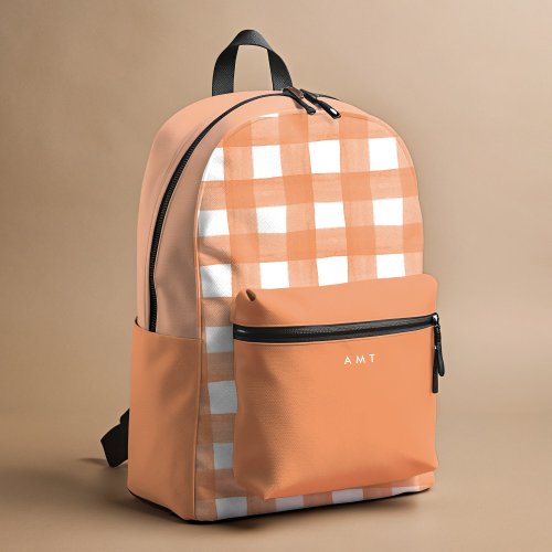 Coral Gingham Watercolor Personalized Name Initial Printed Backpack