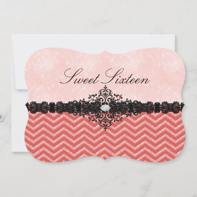 Coral Glitter Chevron & Damask Sweet16 Invitation (Front)