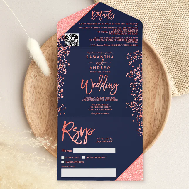 Coral glitter confetti navy blue wedding all in one invitation Zazzle