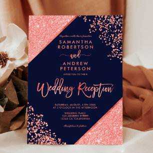 Coral glitter confetti navy blue wedding reception invitation