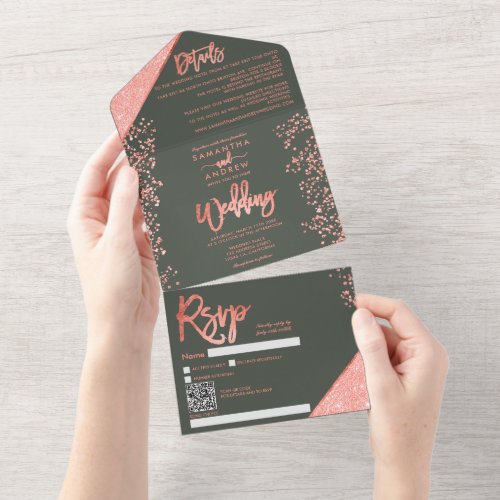 Coral glitter confetti sage olive green wedding all in one invitation