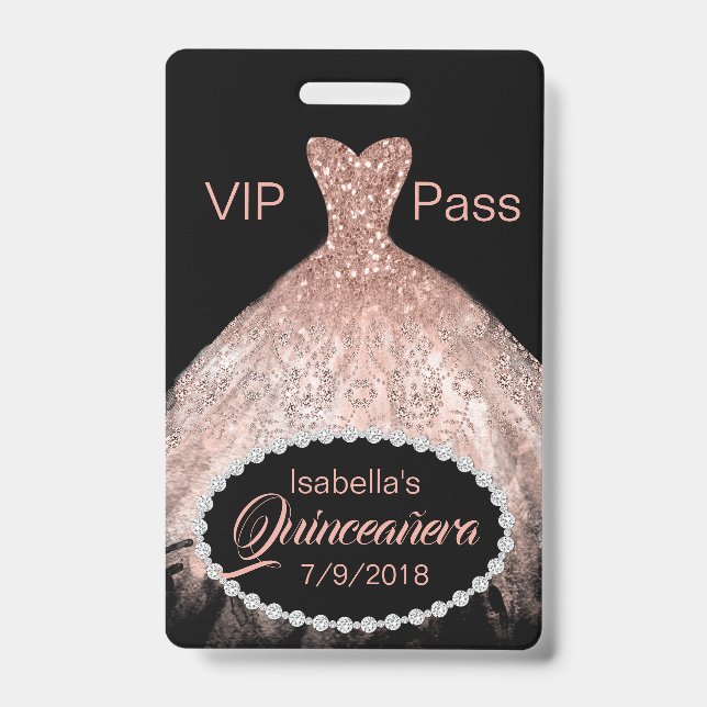 Coral Glitter Dress Quinceañera VIP Party Badge (Front)