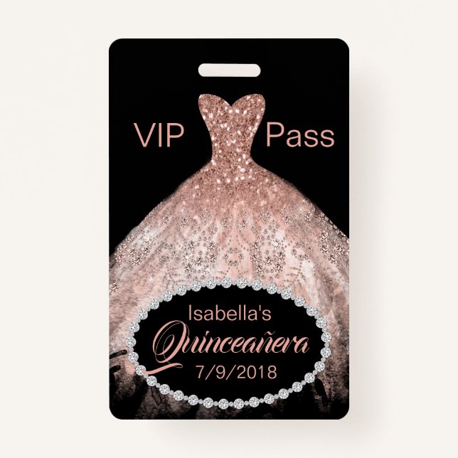 Coral Glitter Dress Quinceañera VIP Party Badge (Front)