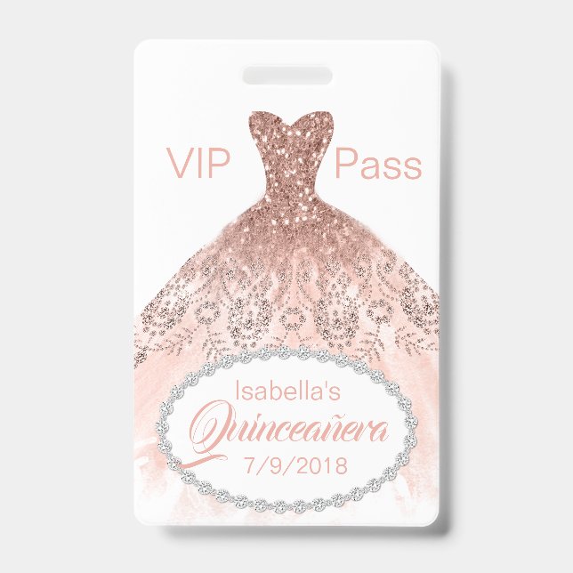 Coral Glitter Dress Quinceañera VIP Party Badge (Front)