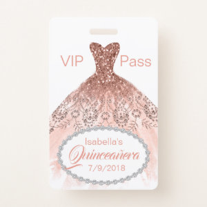 Coral Glitter Dress Quinceañera VIP Party Badge