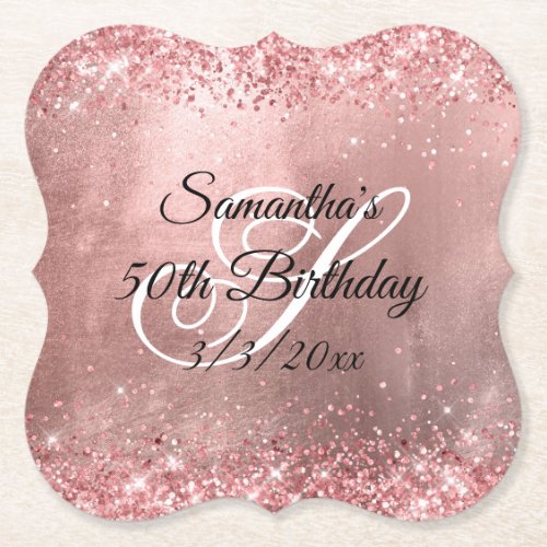 Coral Glitter Faux Rose Gold Foil 50th Birthday Paper Coaster