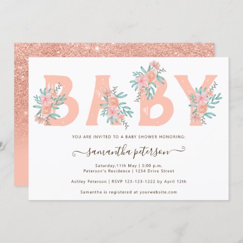 Coral glitter floral watercolor letter baby shower invitation