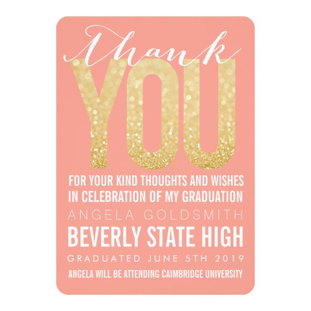 Coral Glitter Typography Graduation Thank You Card