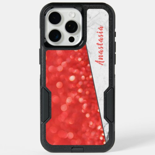 Coral Glitter White Marble Geometric Custom Name iPhone 15 Pro Max Case