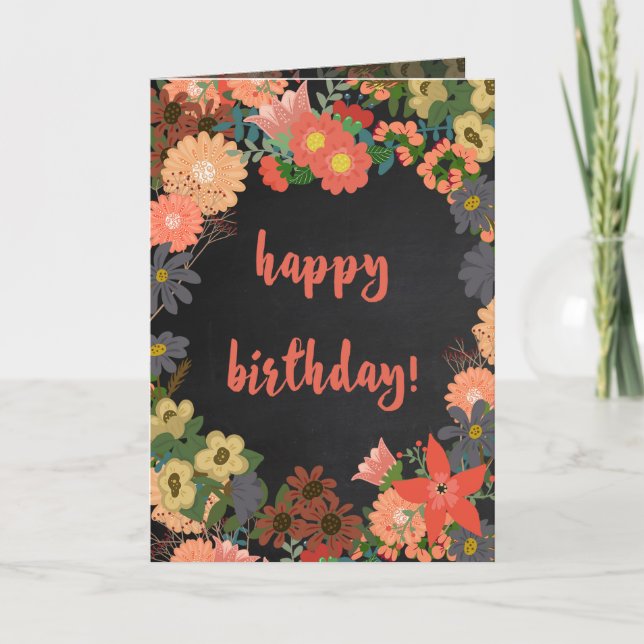 Coral, Gold and Gray Flowers Birthday Card (Front)