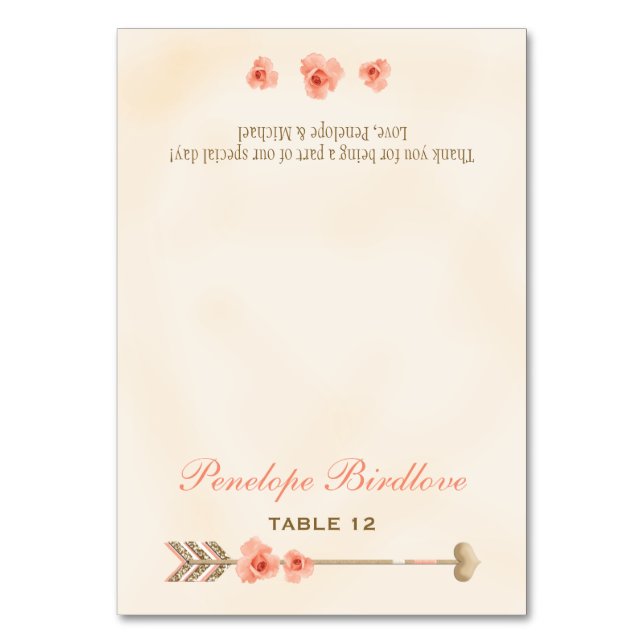 Coral Gold Boho Arrow Rose DIY Tent Place Cards (Front)