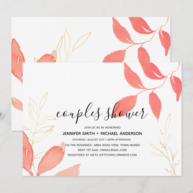 Coral Gold Botanical Wedding Couples Bridal Shower Invitation (Front/Back)
