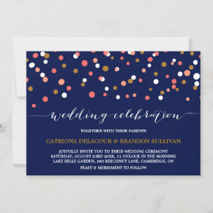 Coral & Gold Confetti Dots   Navy Wedding Invitation