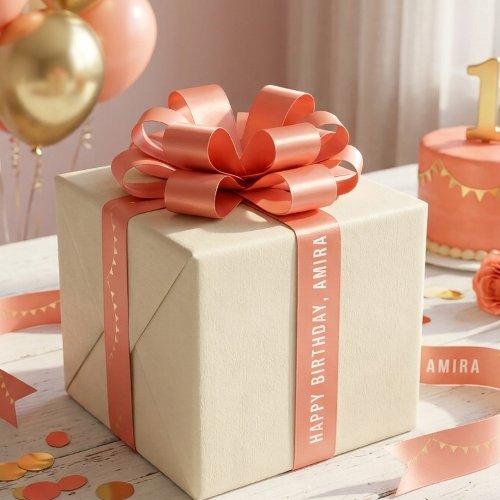 Coral Gold Confetti Girl First Birthday Satin Ribbon