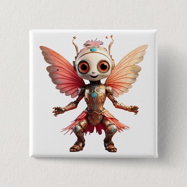 Coral Gold Cute Dancing Robot Pixie Button (Front)