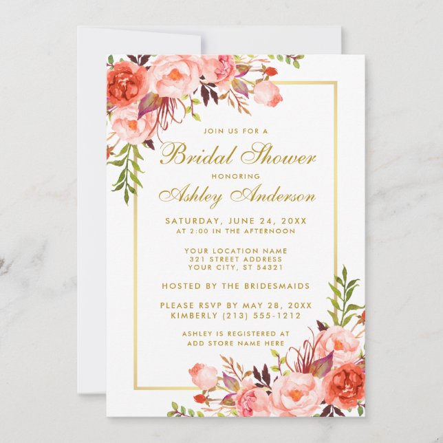 Coral Gold Floral Bridal Shower Invitation (Front)