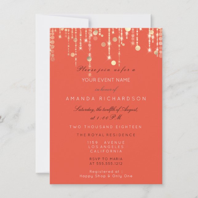 Coral Gold Glitter Drips Birthday Bridal Shower Invitation (Front)