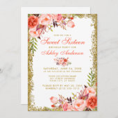 Coral Gold Glitter Floral Sweet 16 Birthday Invite (Front/Back)