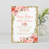 Coral Gold Glitter Floral Sweet 16 Birthday Invite (Standing Front)