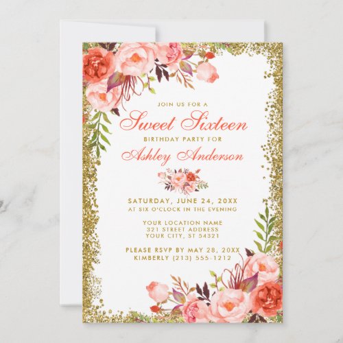 Coral Gold Glitter Floral Sweet 16 Birthday Invite