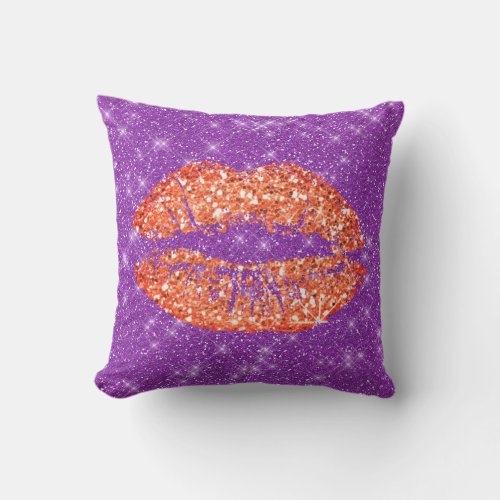 Coral Gold Glitter Kiss Lips Makeup Copper Purple Throw Pillow