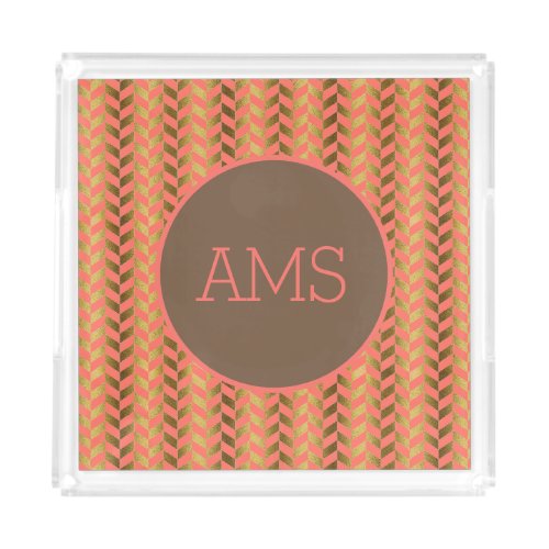 Coral Gold Herringbone Monogram Acrylic Tray