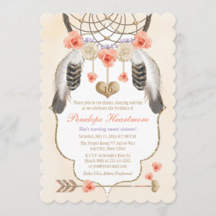 Coral Gold Lavender Dreamcatcher Boho Birthday Invitation