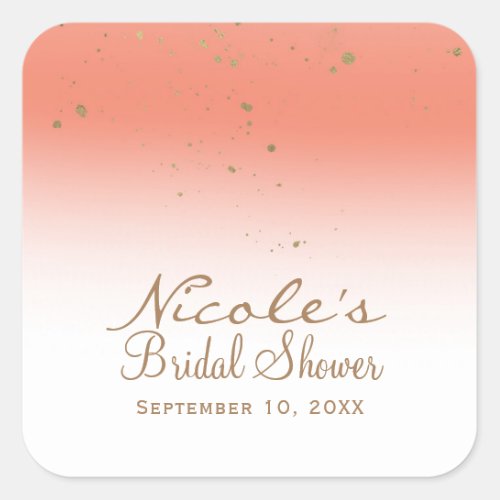 Coral  Gold Modern Glam Bridal Shower Party Square Sticker