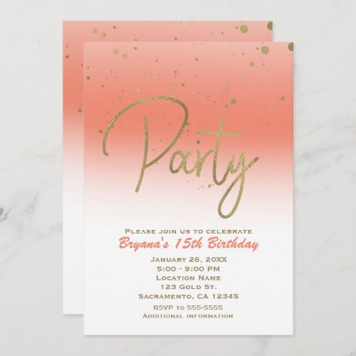 Coral  Gold Modern Glam Confetti Birthday Party Invitation