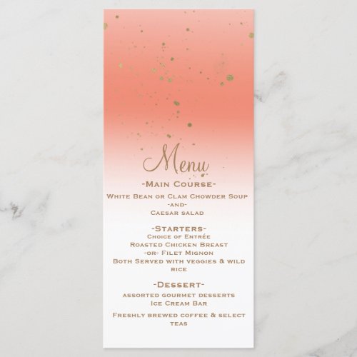 Coral Gold Modern Glam Confetti Party Wedding Menu