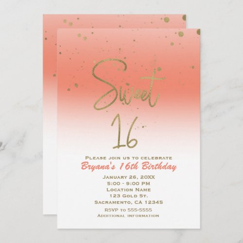 Coral  Gold Modern Glam SWEET 16 Birthday Party Invitation