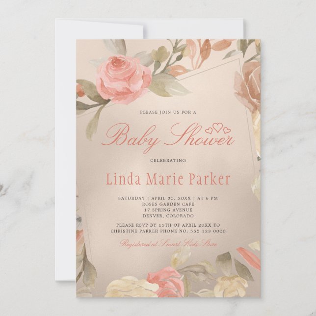 Coral Gold Peach Cream Floral Baby Shower Invitation (Front)